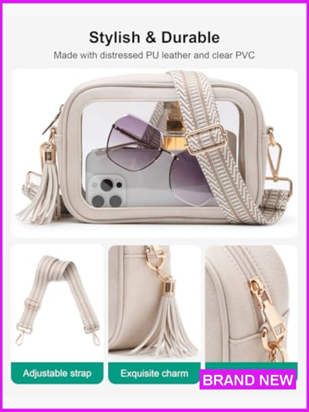 Clear Crossbody Bag Stadium Approved Concerts Games Adjustable Strap Tassel - Picture 4 of 7